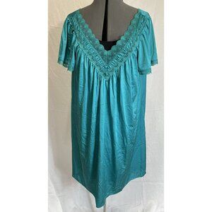 Vintage Miss Elaine Teal Nightgown Gown Lace M Medium Lingerie
